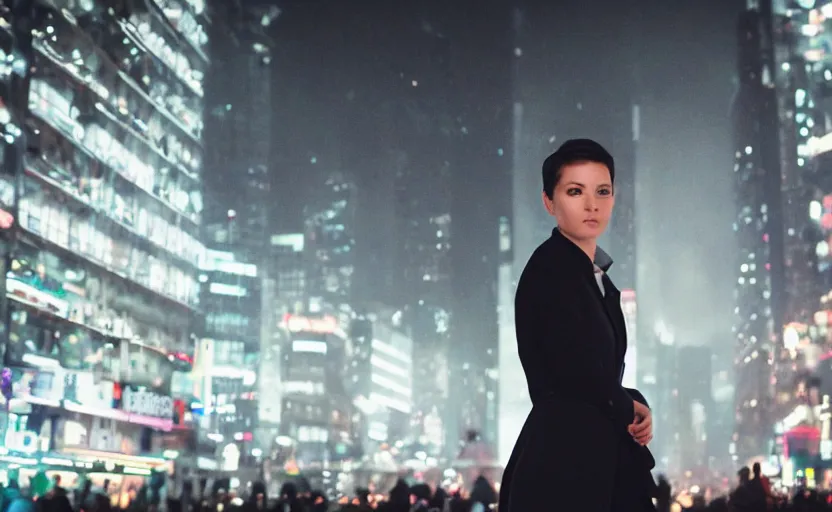 Image similar to a wide shot of a woman with a wool suit, very short hair, blurred face, wearing an omega speedmaster on her wrist in front of a crowded dystopian city full of people walking at night with fog and cyberpunk lights