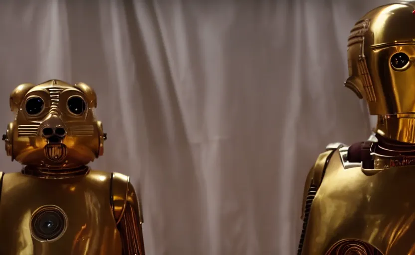 Image similar to c - 3 po as a hamster, movie still, star wars, cinematic, sharp focus, cinematic grain, cinematic lighting, 8 k