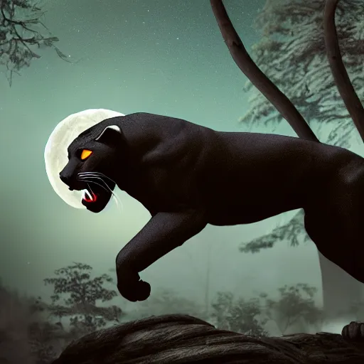 Image similar to a panther roaring at the moon in a forest during the night, large moon in the center. trending on artstation. cinematic. photoreal. dark colors. night.