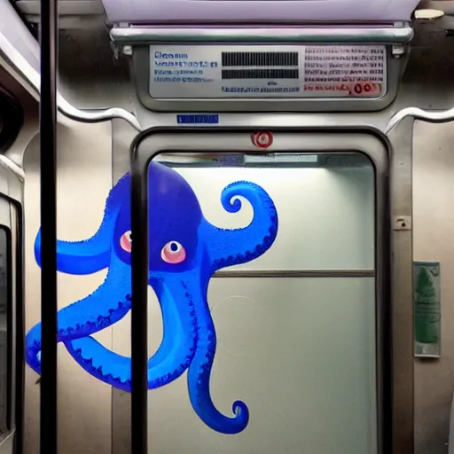 Image similar to of a giant octopus invading a interior of a subway train in new york,