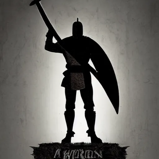 Image similar to a hero knight man stands with sword in hand and shield wielded, stencil, great lighting, epic, fantasy