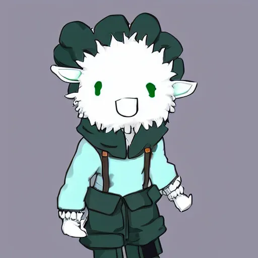 Prompt: little boy wearing sheep suit. white, gray, blue, green and brown pallet color. made in abyss art style, inspired in kris from deltarrune, cute detailed artwork, anatomically perfect