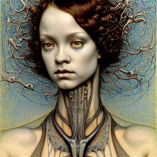 Image similar to detailed realistic beautiful young medieval alien robot rihanna face portrait by jean delville, gustave dore and marco mazzoni, art nouveau, symbolist, visionary, gothic, pre - raphaelite. horizontal symmetry by zdzisław beksinski, iris van herpen, raymond swanland and alphonse mucha. highly detailed, hyper - real, beautiful, fractal baroque