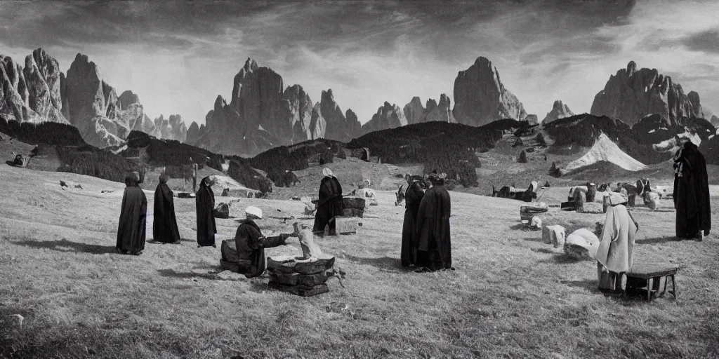 Image similar to 1920s photography of an occult ceremony and priests with hay coats and horns meeting with dolomites in the background, occult signs, wicca, alp, dolomites, alpine, detailed intricate insanely detailed octane render, 8k artistic 1920s photography, photorealistic, black and white, chiaroscuro, hd, by David Cronenberg, Raphael, Caravaggio