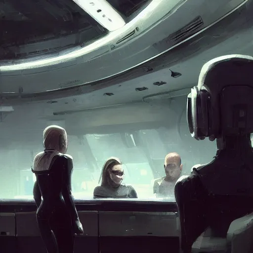 Image similar to concept art by greg rutkowski, a very tall, and slender woman with blonde hair, sitting with the crew in the ship's flight deck, brutalist futuristic interior, dark lighting atmosphere, detailed portraits, nostalgic atmosphere, scifi, digital painting, artstation, concept art, smooth, sharp foccus ilustration, artstation hq