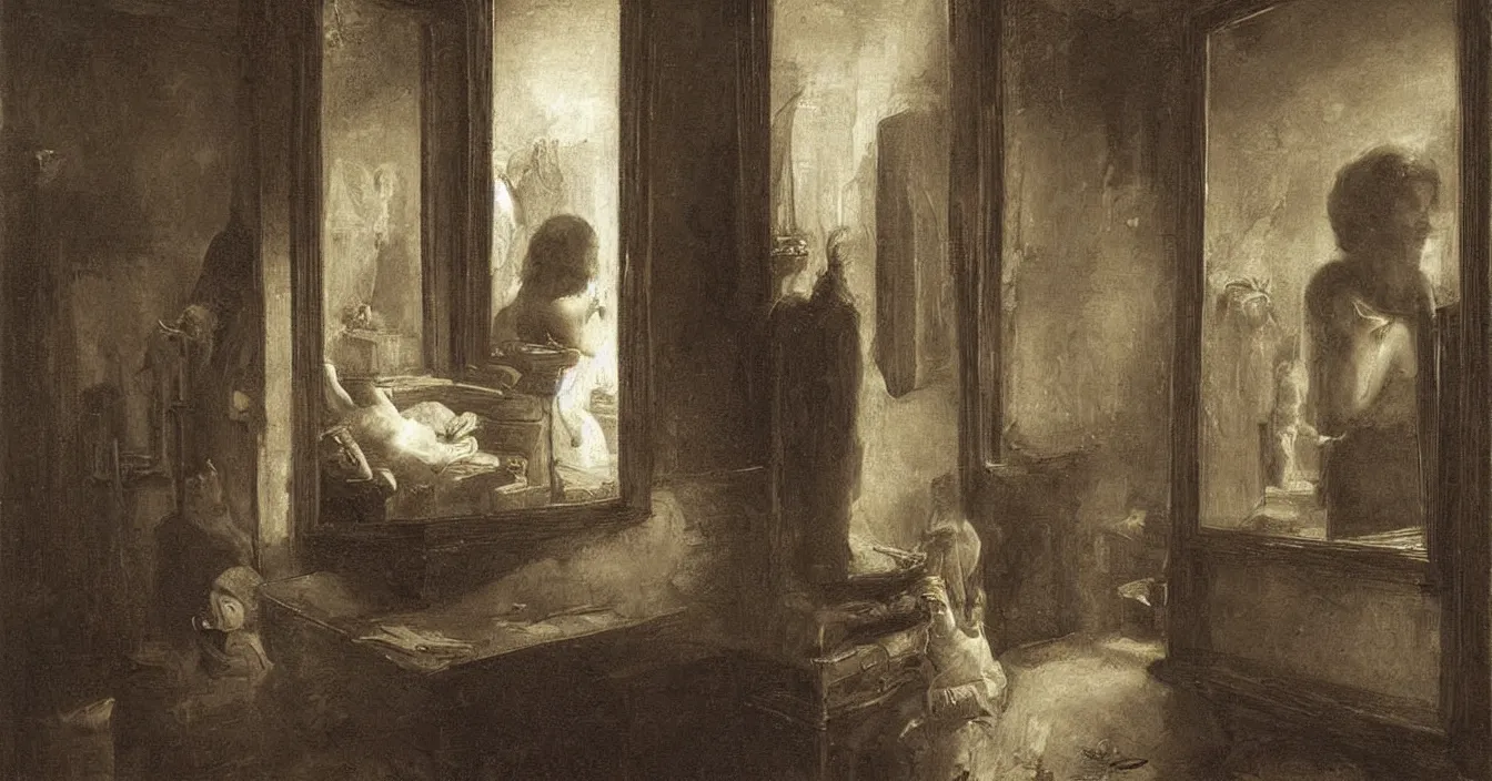 Prompt: dark secret world behind mirror with very deep stillness, dimension of still moment, by augustus edwin mulready