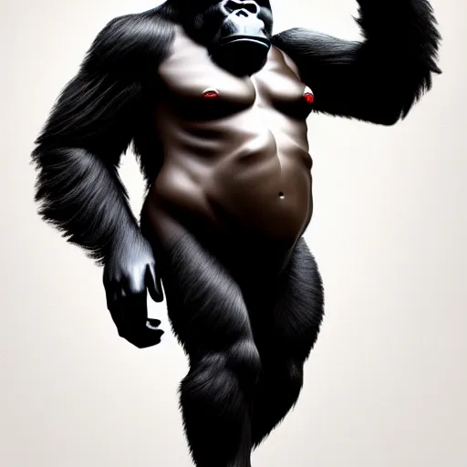 Image similar to fullbody!! personification of a gorilla as a business man, stunning, beautiful face, hyperrealistic, trending on artstation, smooth and sharp, intricate, fine details, highly detailed, elegant, dynamic pose, radiant light, detailed and intricate environment, professional character concept art by tatyana kupriyanova and greg rutkowski and raymond swanland