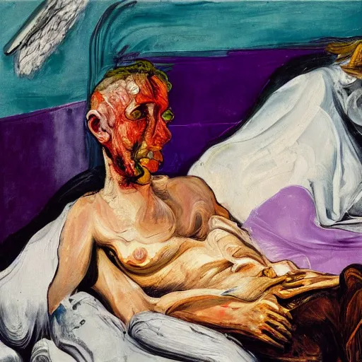 Image similar to high quality high detail expressionist painting of a man sick in bed by lucian freud and jenny saville and francis bacon and francisco goya and edvard munch, hd, anxiety, turquoise and purple and orange and pink