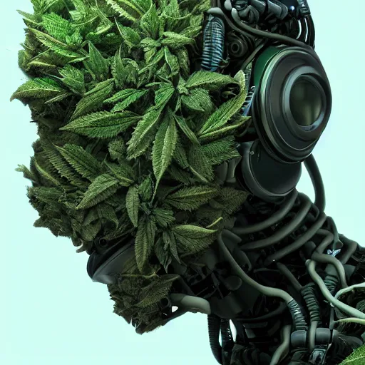 Image similar to an amazing deep portrait of a robot made of marijuana, intricate detail, volumetric lighting, 8 k, photorealistic, digital art trending on artstation