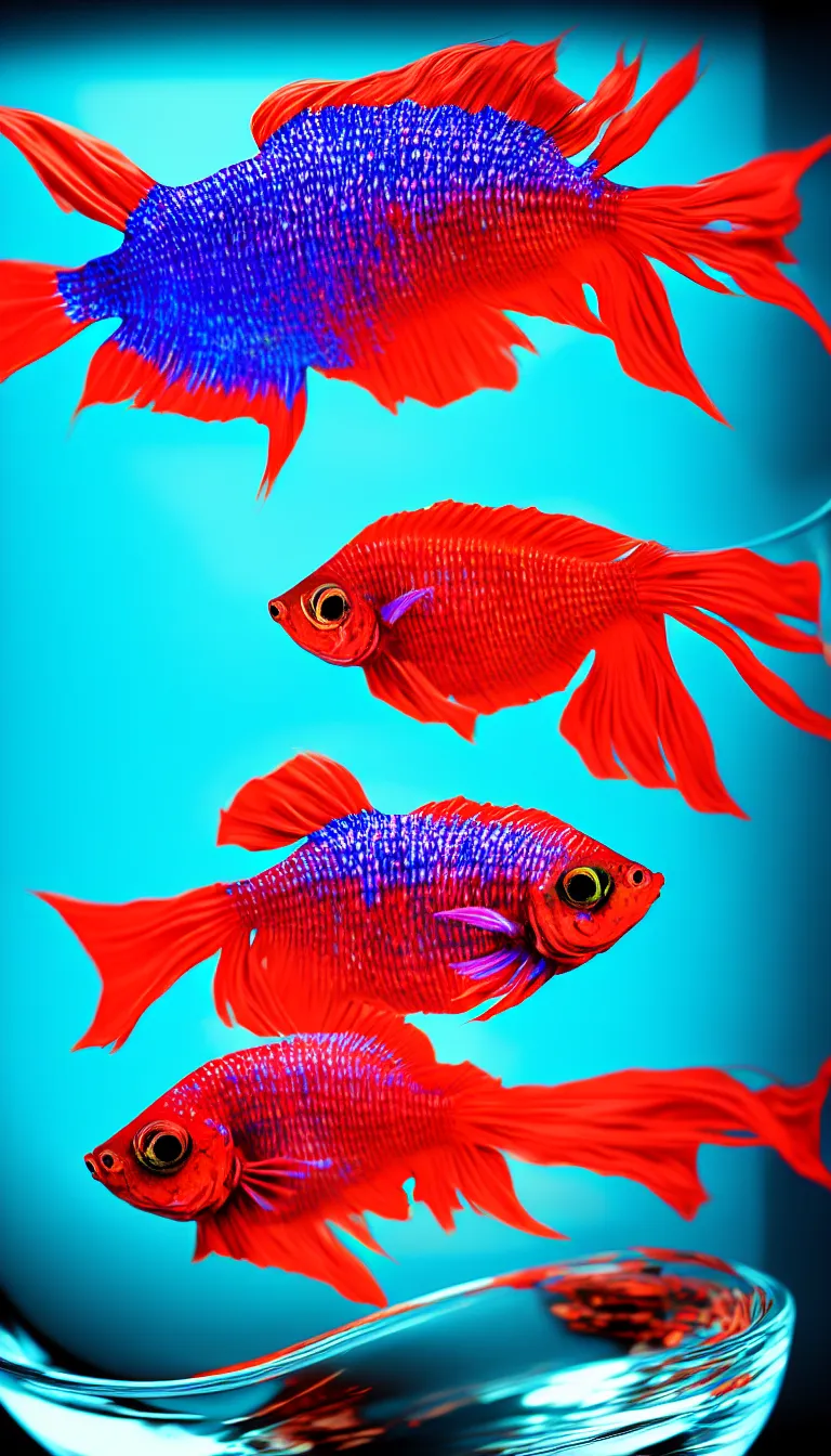 Prompt: highly detailed photo of colorful beta fish in super clean glass bowl, hyper realistic, concept art, 8 k detail post - processing