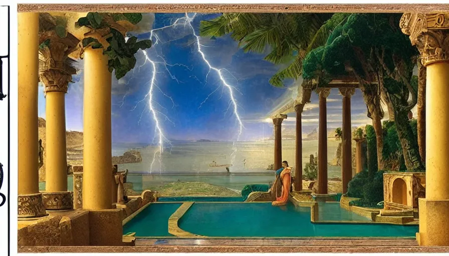 Image similar to From Inside the giant Palace, mediterranean balustrade and columns, refracted line and sparkles, thunderstorm, greek pool, beach and Tropical vegetation on the background major arcana sky and occult symbols, by paul delaroche, hyperrealistic 4k uhd, award-winning, very detailed paradise