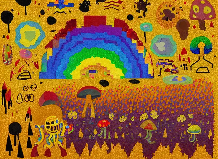Image similar to pixel decollage painting golden armor alien zombie horseman riding on a crystal bone dragon broken rainbow diamond maggot horse in a blossoming meadow full of colorful mushrooms and golden foil toad blobs in a golden sunset, distant forest horizon, painted by Mark Rothko, Helen Frankenthaler, Danny Fox and Hilma af Klint, pixelated, neo expressionism, semi naive, pastel colors, cinematic, color field painting, cave painting, voxel, pop art look, outsider art, minimalistic. Bill Traylor painting, part by Philip Guston and Francis Bacon. art by Adrian Ghenie, very coherent symmetrical artwork, cinematic, hyper realism, high detail, octane render, unreal engine, Smooth gradients, depth of field, full body character drawing, extremely detailed, 8k, extreme detail, intricate detail, masterpiece