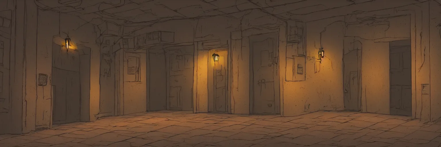 Prompt: door entrance to a building at night, game environment, in the style of Spirited Away (2001)