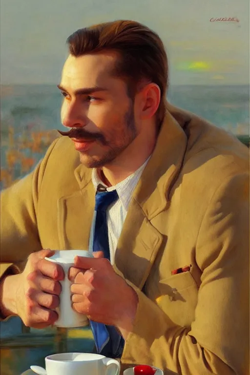 Image similar to attractive man drinking coffee, sunset, painting by carl larsson, vladimir volegov, j. c. leyendecker, tom of finland, trending on artstation