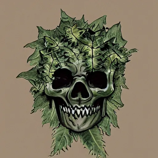 Prompt: skull inspired by René Laloux,ivy vines,leaves