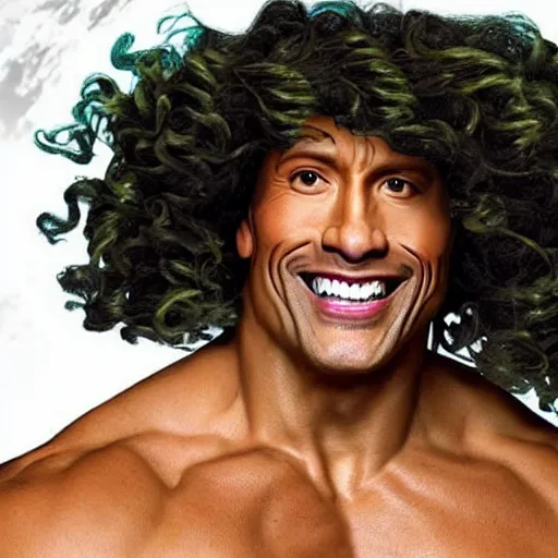 Prompt: dwayne johnson with a curly green wig, twirling his hair and laughing hysterically