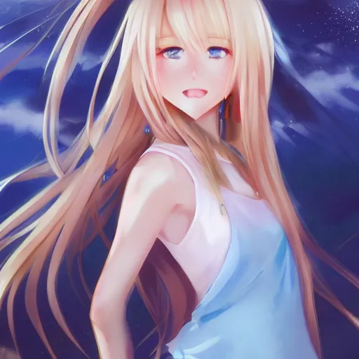 Image similar to a very beautiful anime cute girl, full body, long wavy blond hair, sky blue eyes, full round face, short smile, fancy top, miniskirt, front view, medium shot, mid-shot, highly detailed, cinematic wallpaper by Stanley Artgerm Lau