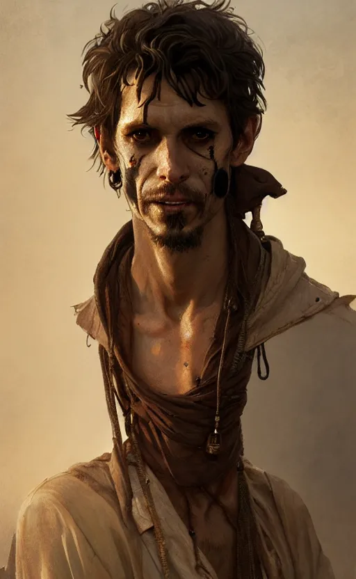 Image similar to a portrait of a male pirate, sick and skinny, dirty face, no teeth, concept art, deep focus, intricate, highly detailed, digital painting, artstation, matte, sharp focus, illustration, art by greg rutkowski and alphonse mucha