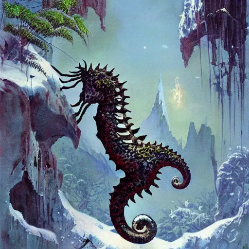 Image similar to a beautiful painting by frazetta, trending on artstation, artstation A beautiful matte painting about a seahorse made out of ferns and fractal patterns, covered in snow leopard, cyberpunk fabric, still life