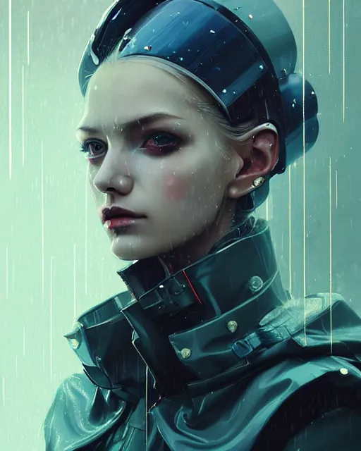 Image similar to detailed portrait of European Pretty Young Girl Storm Rain movie Jacket coat, Futuristic sci-fi fashion, royal attire by ismail inceoglu dragan bibin hans thoma greg rutkowski Alexandros Pyromallis Nekro Rene Margitte illustrated Perfect face, sharp chine, fine details, realistic shaded, fine-face, pretty face cyberpunk, neotokyo, synthwave, aesthetics, futuristic, low-emission-neon, bladerunner movie scene