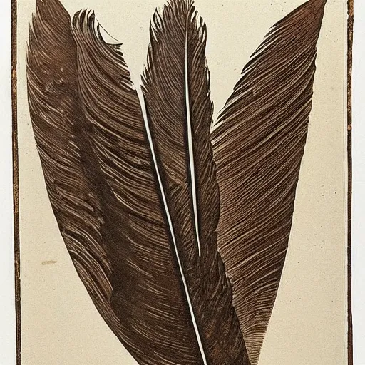 Image similar to an unknown ethnographic object, anthropology, feathers, in the style of corinthian capital by giocondo albertolli ( italian 1 7 4 2 - 1 8 3 9 ). medium : pen and brown ink, brush and gray wash on laid paper