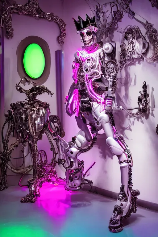 Image similar to full-body rococo and cyberpunk style neon statue of a young attractive Nick Jonas macho dotado e rico android sim roupa reclining con las piernas abertas e la piroca dura, glowing white laser eyes, prince crown of pink gears, diamonds, swirling silver-colored silk fabric. futuristic elements. full-length view. space robots. human skulls. intricate artwork by caravaggio. Trending on artstation, octane render, cinematic lighting from the right, hyper realism, octane render, 8k, depth of field, 3D