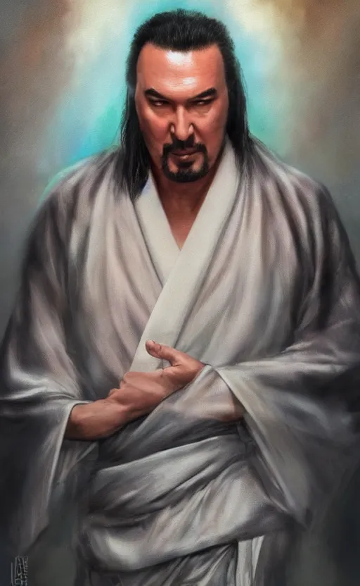 Image similar to steven seagal with wild hair and bright eyes. he's wearing a flowing kimono made of light, airy fabric and he has a mischievous look on his face, dynamic lighting, photorealistic fantasy concept art, trending on art station, stunning visuals, creative, cinematic, ultra detailed