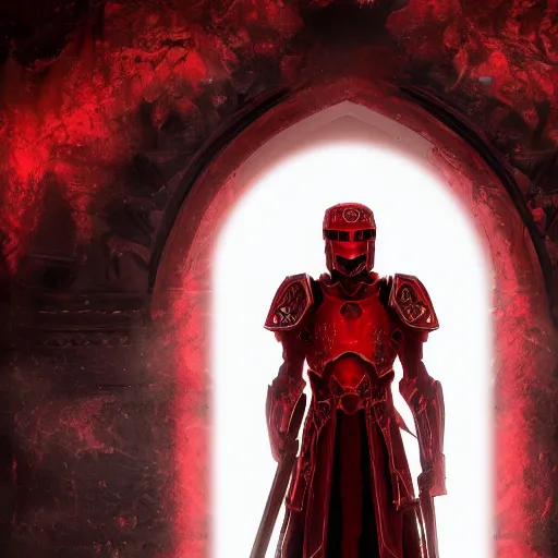 Prompt: blood knight, glowing halo, fantasy art, red intricate armor, located in a castle, morning sunlight through the window, decorated, high quality, highly detailed, 4 k