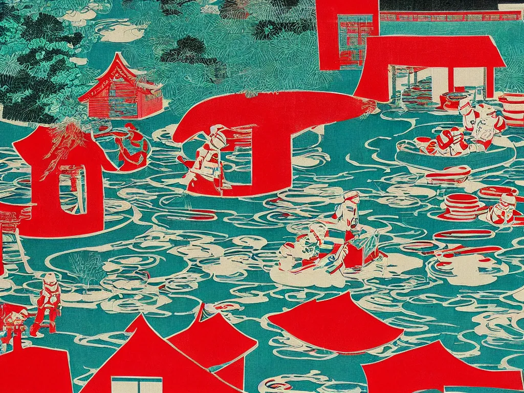 Prompt: close - up image of a japanese red house with a pond, with stormtroopers sitting around it, a combination of pop - art and traditional japanese painting styles, the style of andy warhol, roy lichtenstein and jackie tsai, bright and saturated palette, acrylic on canvas