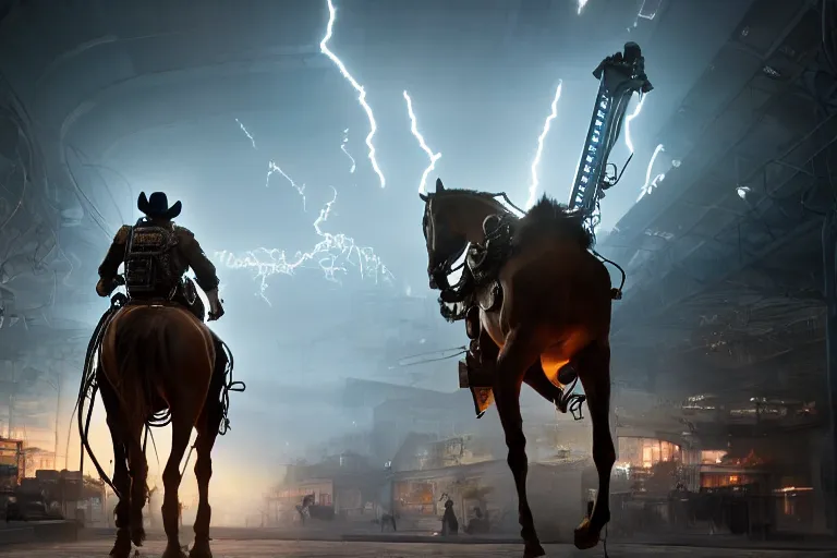 Image similar to photo from behind of a cowboy, riding a steampunk horse, on a futuristic shopping mall, cinematic lightning, ray tracing, unreal engine 5, photorealistic, 8 k, uhd, 4 k, ghost recon breakpoint game concept, extremely detailed, beautiful, elegant, intricate, foggy, in - game footage