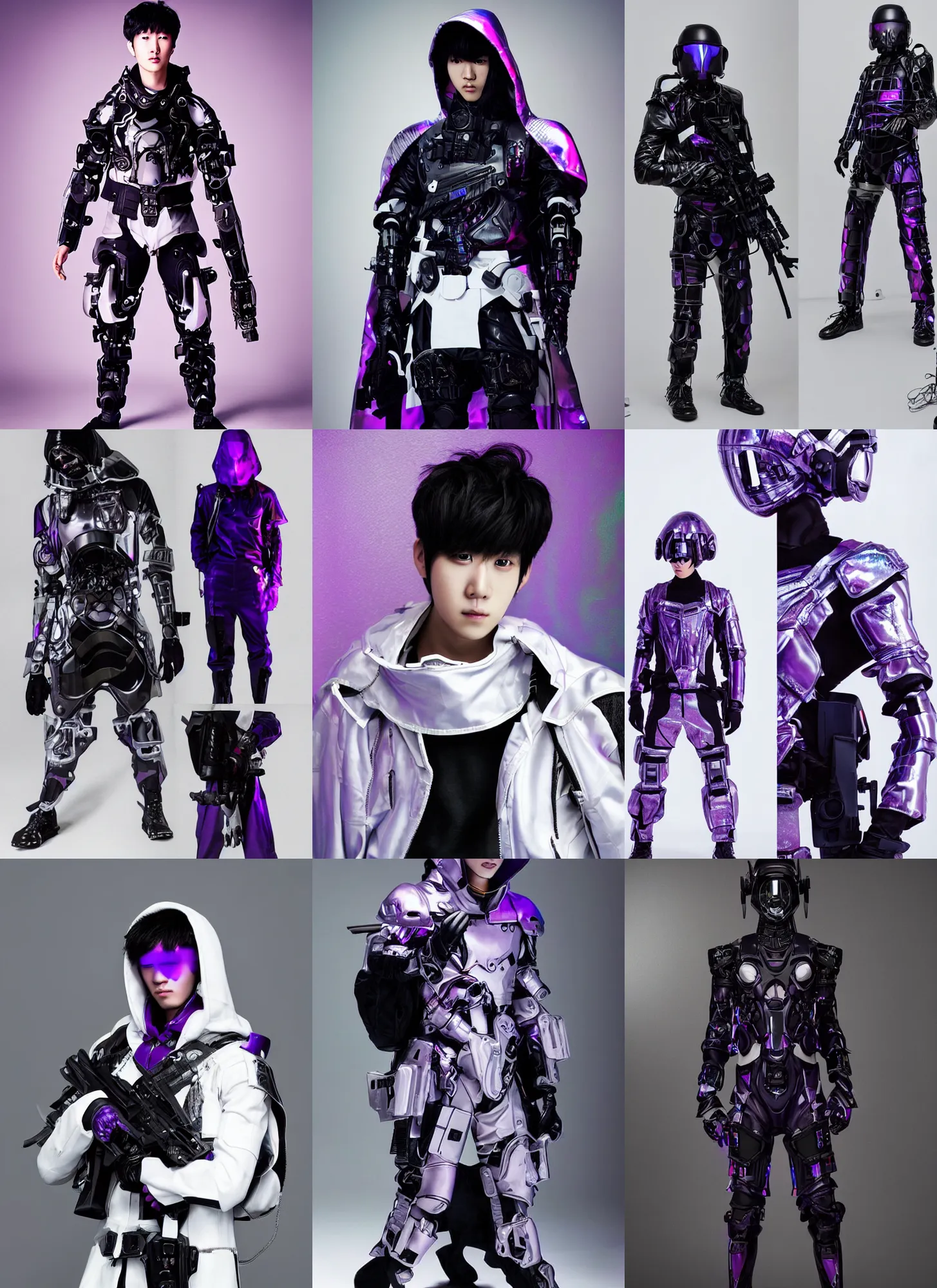 Prompt: male ulzzang with white sci - fi tactical gear, black cybernetic enhancements, purple holographic hood, full shot fashion photography, by irving penn and storm thorgerson, ren heng