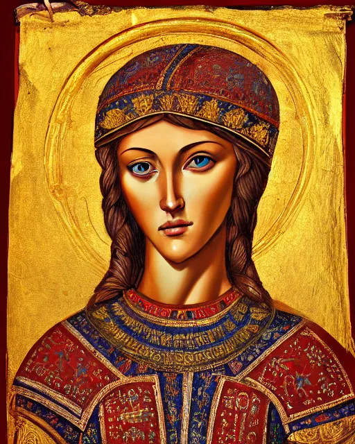 Prompt: byzantine fresco portrait of woman in shining golden armor, high production value, intricate details, high resolution, hdr, high definition, masterpiece, realistic, ultrarealistic, highly detailed, hd, sharp focus, non blurry, sharp, smooth