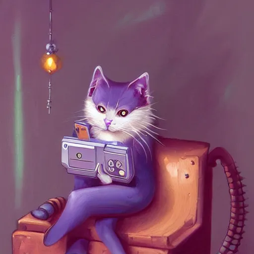 Image similar to purple cat playing gameboy, by Peter Mohrbacher