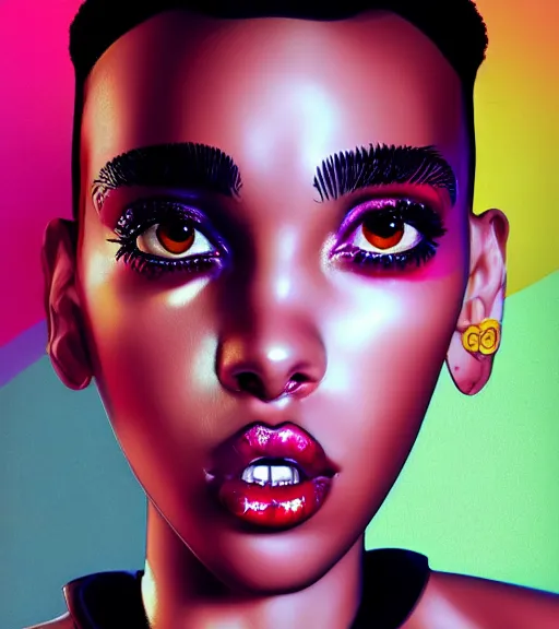 Prompt: very beautiful closeup portrait of a black bobcut hair style futuristic fka twigs in a blend of manga - style art and photorealism, augmented with vibrant composition and color, all filtered through a cybernetic lens, by hiroyuki mitsume - takahashi and noriyoshi ohrai and annie leibovitz, dynamic lighting, flashy modern background with black stripes