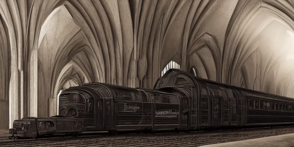 Image similar to streamline train that looks like gothic cathedral church, warhammer emperium style, gothic locomotive, art Deco, retro, steel gothic streamline style, octane render