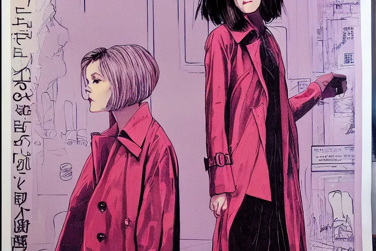 Image similar to A beautiful girl with a very stylish trenchcoat by Moebius, bob cut hair, poster