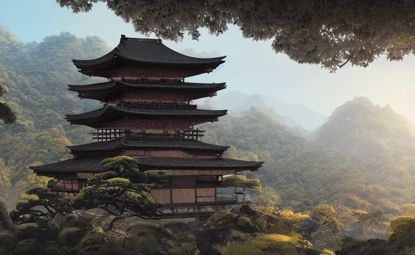 Prompt: highly detailed painting of old, ruined, fractured japanese pagoda from sengoku period, surrounded by dense rock formations, high in mountains, cinematic lighting, photobash, unreal engine render, nanite, raytracing, volumetric lighting