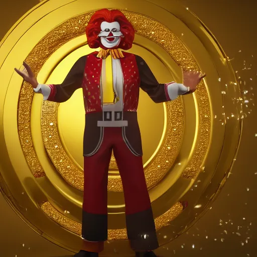 Image similar to A still of Ronald McDonald surrounded by gold and diamonds, Award-winning, photograph, 3d render, unreal engine, 4k detailed