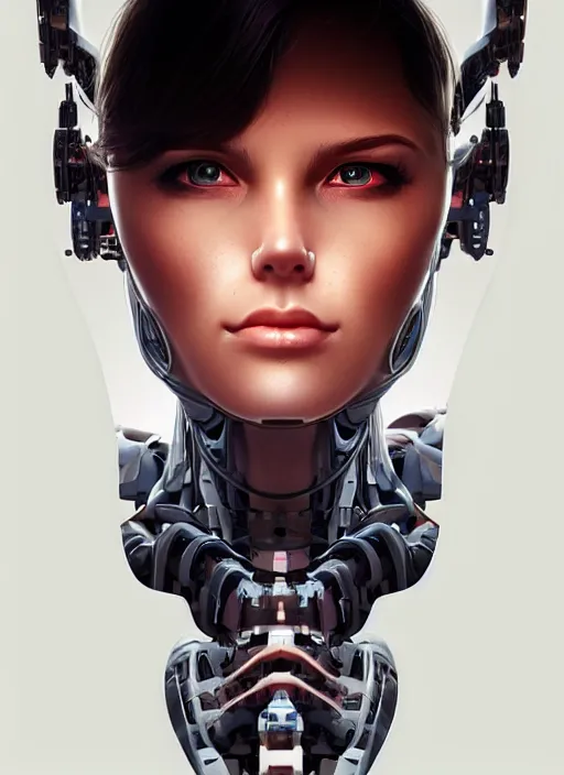 Prompt: portrait of a cyborg woman who turns her head to the ((((((right))))) left+80 (((((up))))) (((((down))))) by Artgerm,eyes closed , biomechanical, hyper detailled, trending on artstation