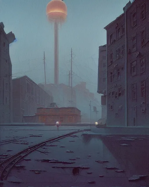 Image similar to a beautiful painting of old soviet city, by simon stalenhag and zdzisław beksinski and rene magritte and greg rutkowski, in style of digital art. hyper detailed, rim light, exquisite lighting, clear focus, very coherent, plain background, soft painting