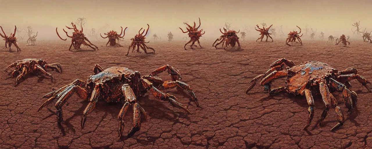 Prompt: a herd of giant crabs running abound on barren desert exoplanet by James Gurney, Beksinski and Alex Gray