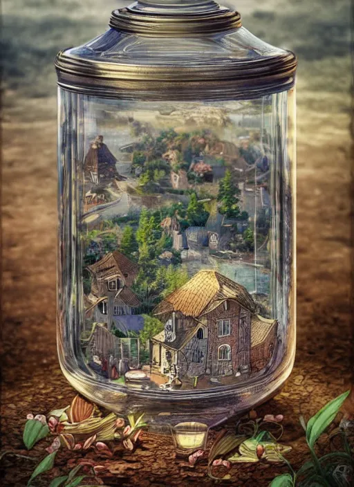 Prompt: exquisitely intricately detailed illustration, of a small village with a lake, inside a closed glass jar. intricately detailed. beautiful. colorful. 3 d vray render, artstation, deviantart, pinterest, 5 0 0 px models, masterpiece