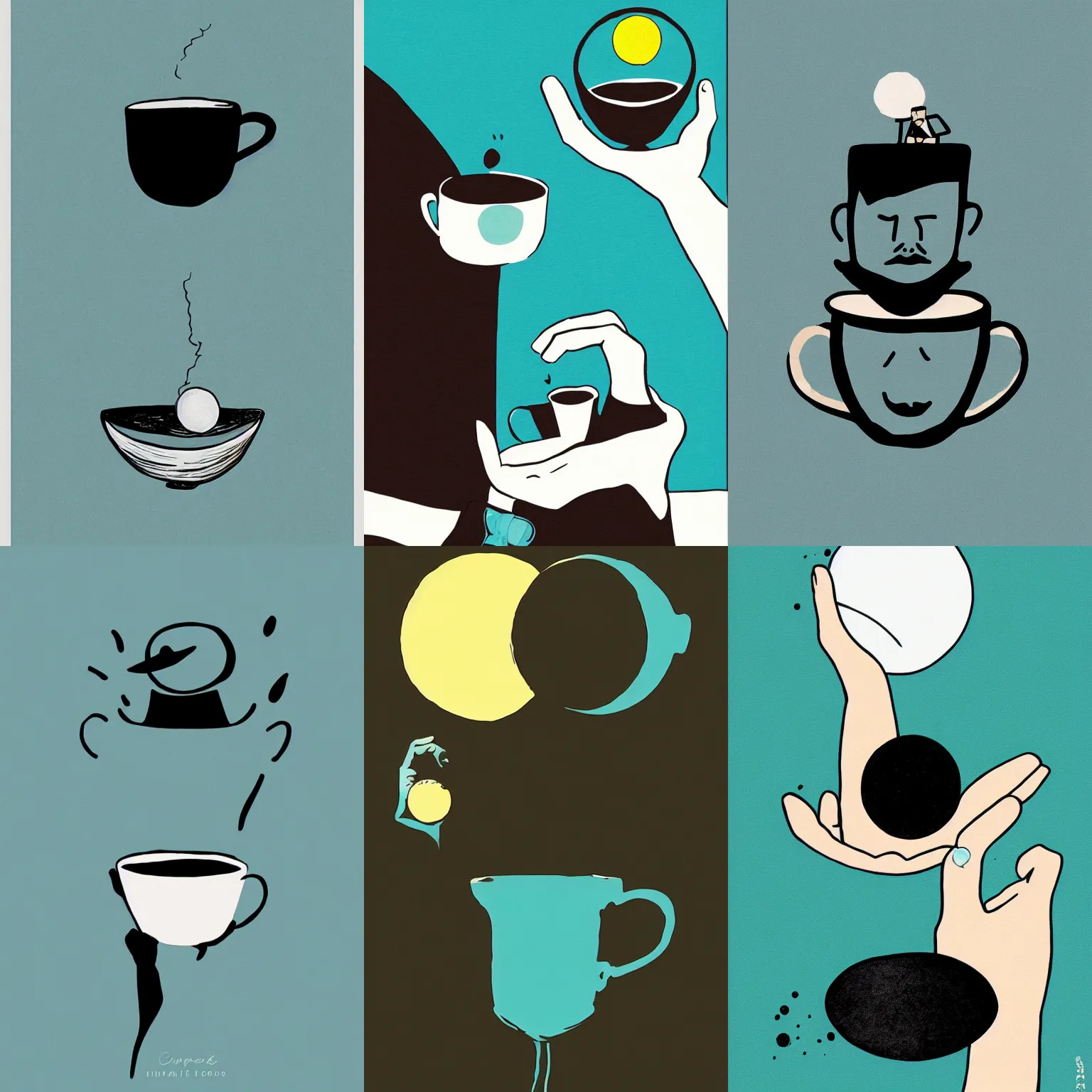 Prompt: he held the moon in his teacup, Teal black and off-white, portrait by Christoph Niemann, flat colors, ink