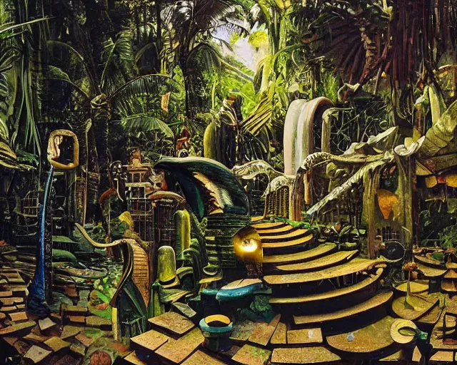 Image similar to high quality, high detail painting, dutch masterpiece, fluxus, film noir, ernst haekl, empty scene in las pozas with quetzalcoatl at night, hd, muted lighting, cut up collage