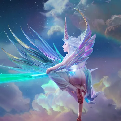 Image similar to an iridescent unicorn with translucent wings frolicking in a field of marijuana, a nebula is in the sky, art by artgerm and greg rutkowski and alphonse mucha, concept art, octane render, unreal engine 5, highly detailed, high quality, 8 k, soft lighting, realistic face, path traced