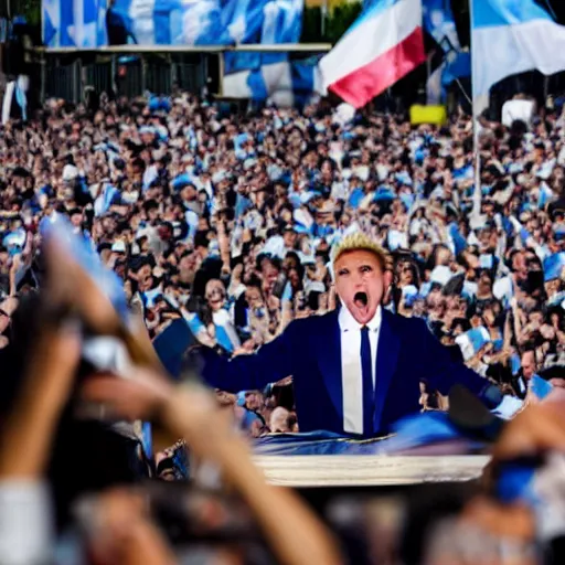 Image similar to Lady Gaga as president, Argentina presidential rally, Argentine flags behind, bokeh, giving a speech, detailed face, Argentina