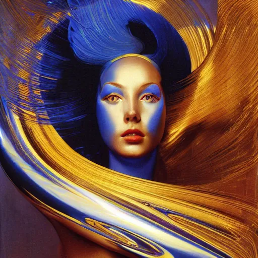 Prompt: a chrome woman's face in flowing sheets of cobalt blue gold chrome silver satin mirror foil, by moebius syd mead roger dean wojciech siudmak donato giancola yoshitaka amano michael cheval ivan aivazovsky jan de heem pieter claesz paul delaroche alma tadema aelbert cuyp, hyperrealistic volumetric light render