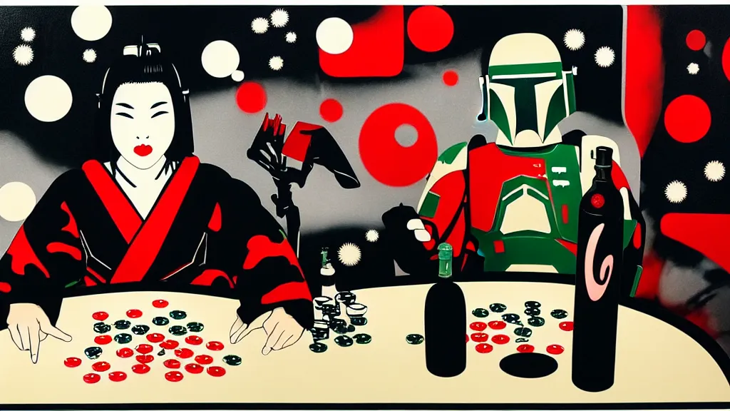 Image similar to woman in a black japanese kimono, sitting at an extremely detailed poker table with the boba fett, sake on the table, fireworks and stars on the background, by andy warhol, by roy liechtestein, canvas, acrylic paint, ivory palette, 4 k, ultra - hd