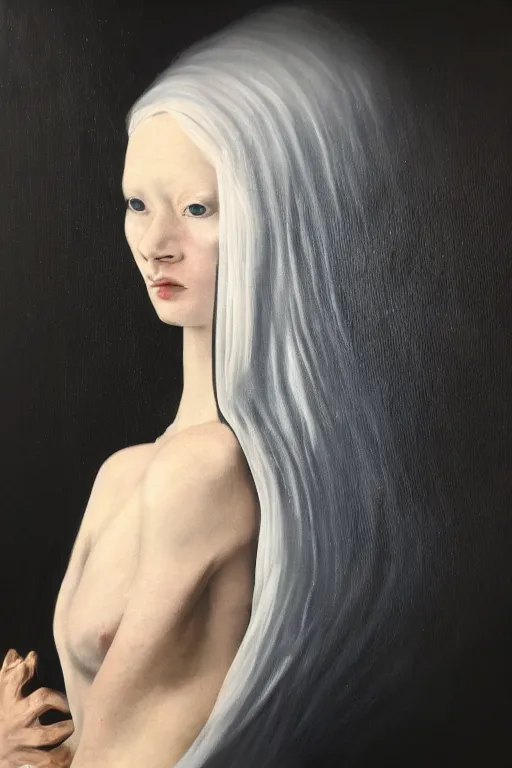 Image similar to hyperrealism oil painting, close - up portrait of albino medieval fashion model, black silk, steel gradient mixed with nebula sky, in style of baroque