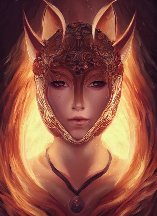 Image similar to a beautiful detailed oil on copper art illustration of a japanese kitsune mask devil beautiful woman, centered, by charlie bowater, zeng fanzh, trending on artstation, dim dusk lighting, cinematic lighting, detailed lighting, volumetric lighting, realistic, f 8, 4 k hd wallpaper